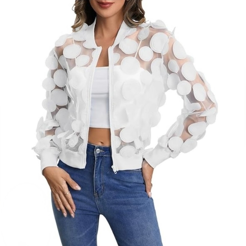 3D Appliqué Sheer Jacket in White Size L/XXL - Picture 4 of 16